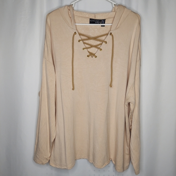 Attitudes Hoodie Lace-Up Tie V-Neck Top Women 1X Beige Fleece Long Sleeve - Picture 1 of 5